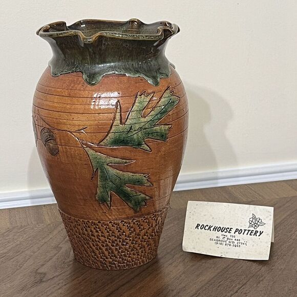 Rockhouse Pottery Hand-Carved Vase Walnut Raleigh Ken Poole Seagrove NC 1992 - Picture 1 of 13